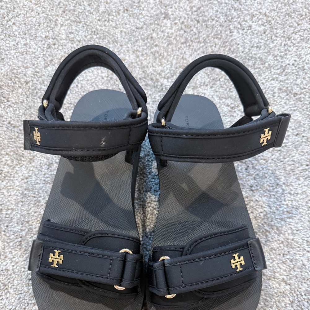 Tory Burch Black Sandals with Gold Emblem